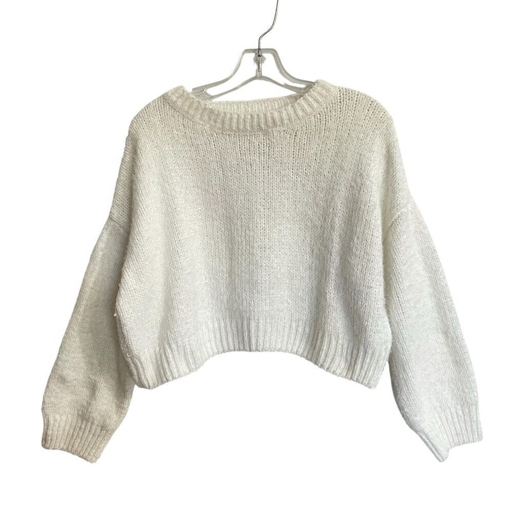 Love Tree Cropped Sweater Top Small Fuzzy Crewneck Drop Shoulder Ivory B…